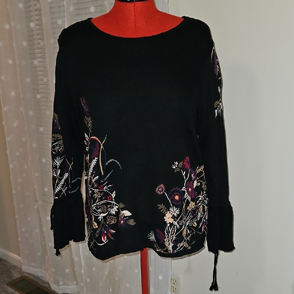 Black Relaxed Long Sleeve Blouse with Embellished Floral Design